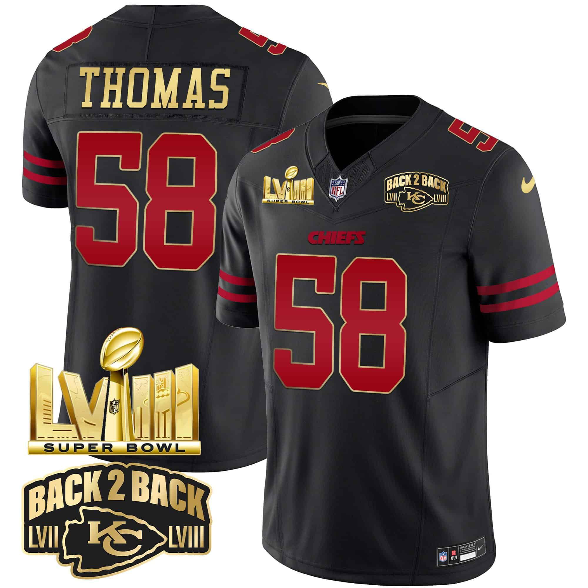 Men Kansas City Chiefs #58 Thomas Black 2024 Nike Super Bowl LVIII & Back-2-Back Gold Patch Vapor NFL Jersey style 1